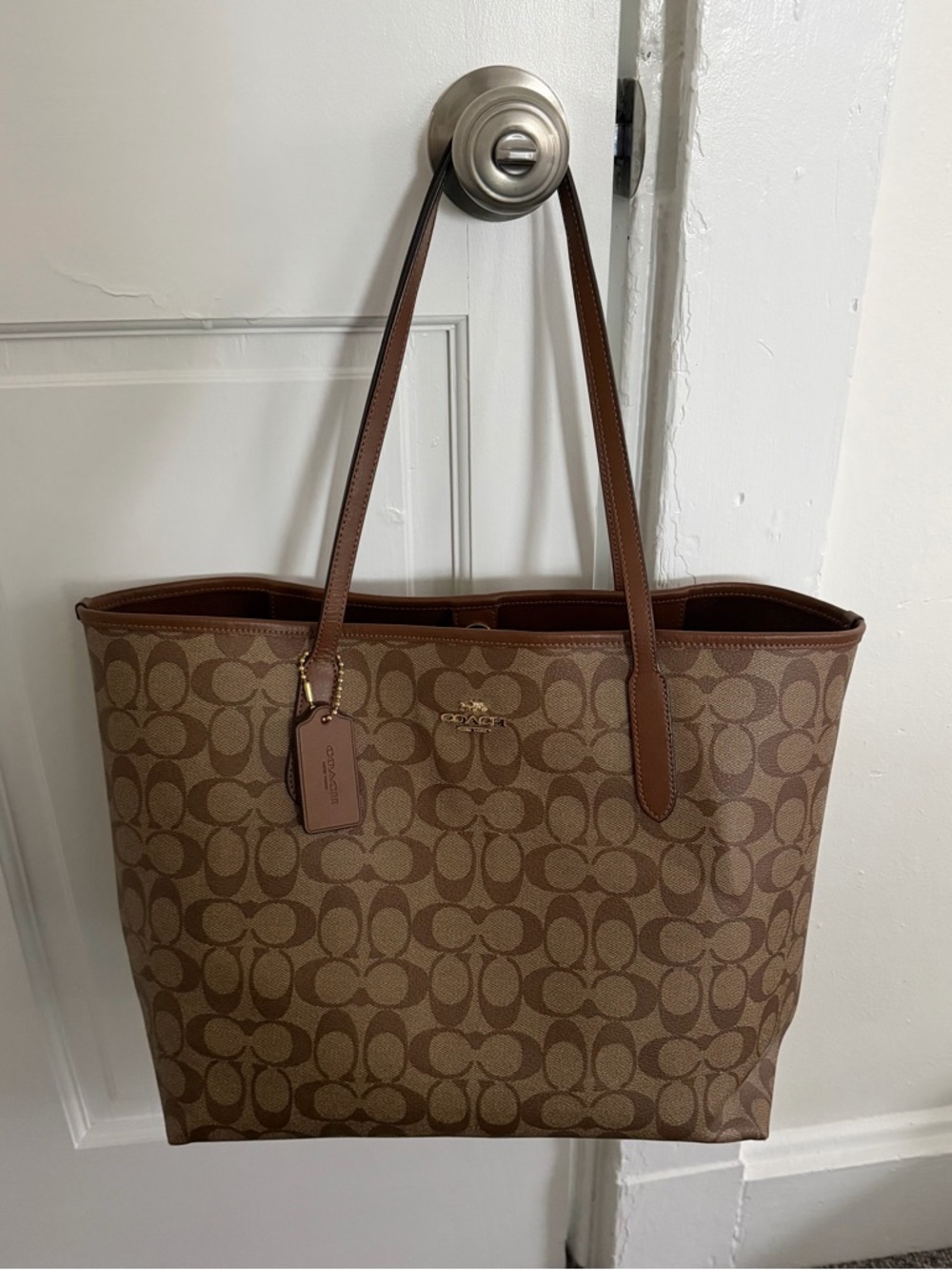 Coach Signature Canvas Tote in Brown with Leather Trim